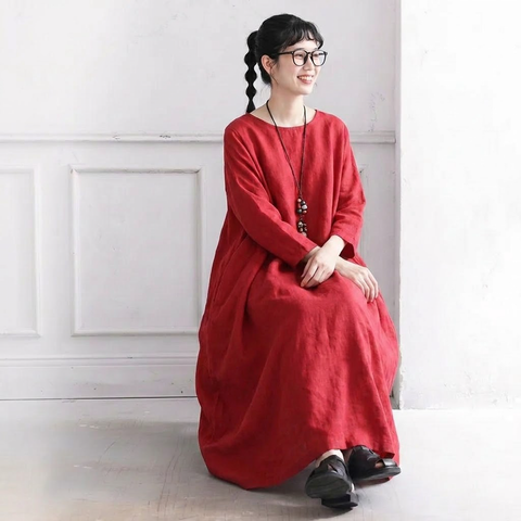 S-5XL 秋のひととき綿麻ワンピース S レッド