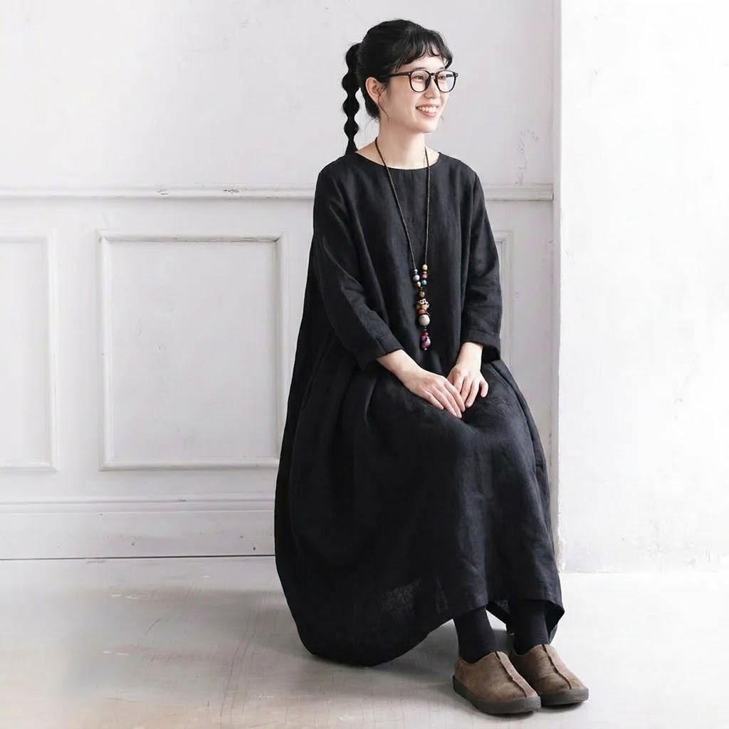 S-5XL 秋のひととき綿麻ワンピース S ブラック