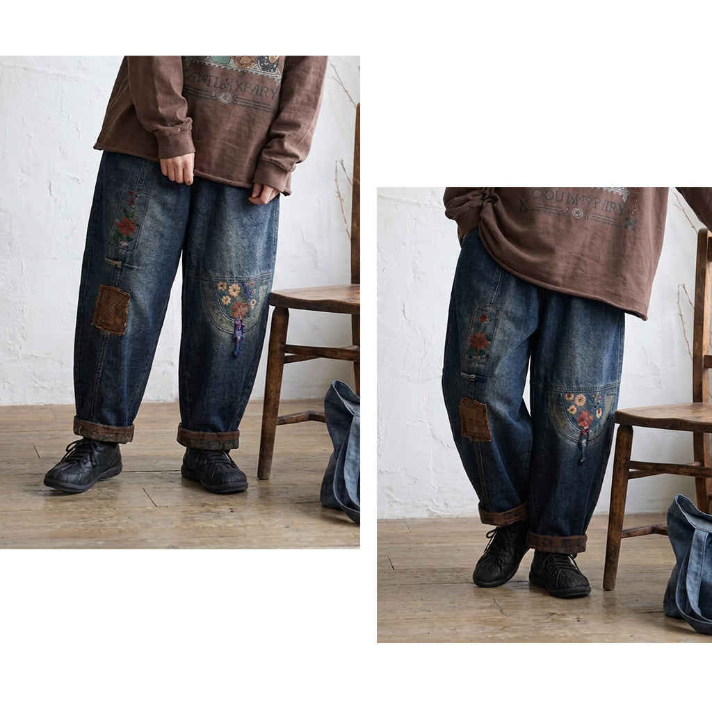 刺繍 8分丈 デニムパンツ M ブルー