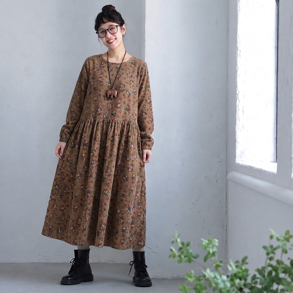 M-3XL コーデの主役に！花柄 ラウンドネック 森ガール カジュアル ギャザー飾り 長袖ワンピース M コーヒー