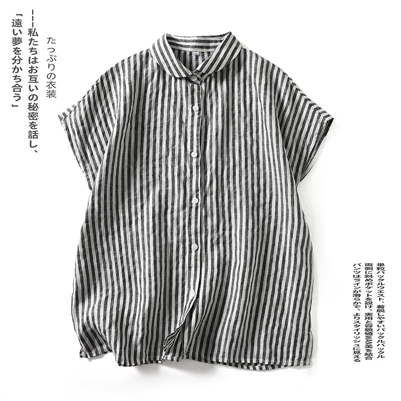 M-2XL 綿麻 POLOネック ストライプ柄 半袖  シャツ M ブラック