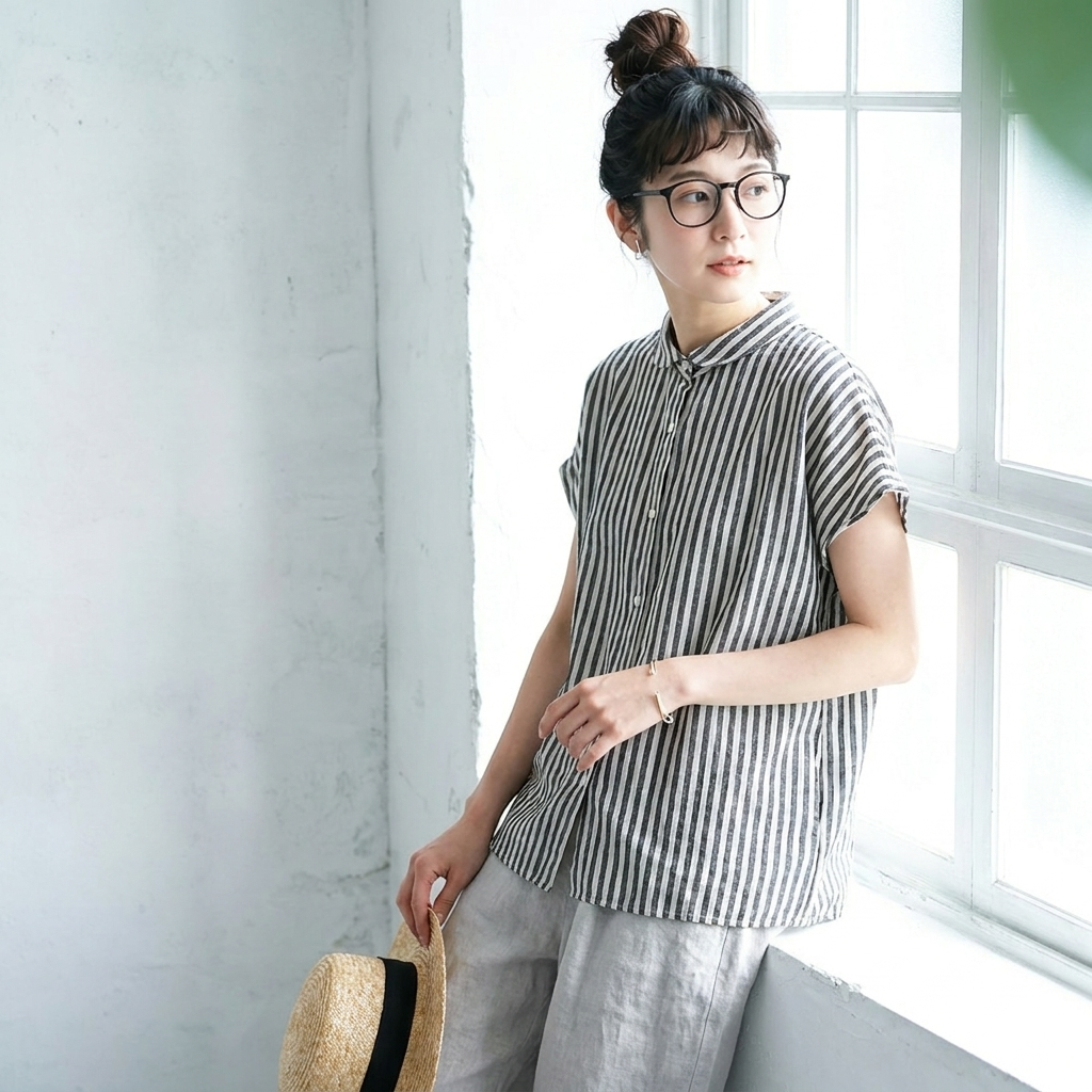 M-2XL 綿麻 POLOネック ストライプ柄 半袖  シャツ M ブルー