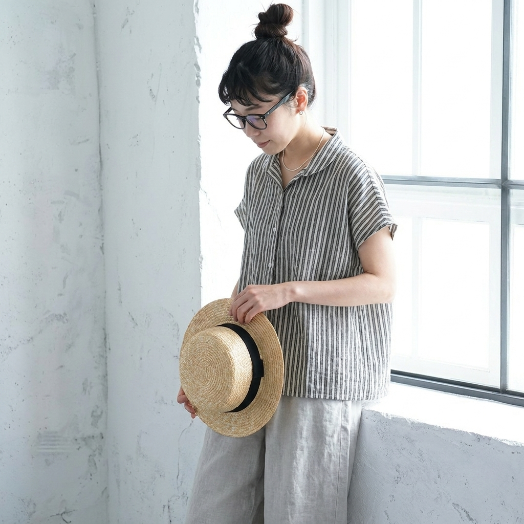 M-2XL 綿麻 POLOネック ストライプ柄 半袖  シャツ M ブルー