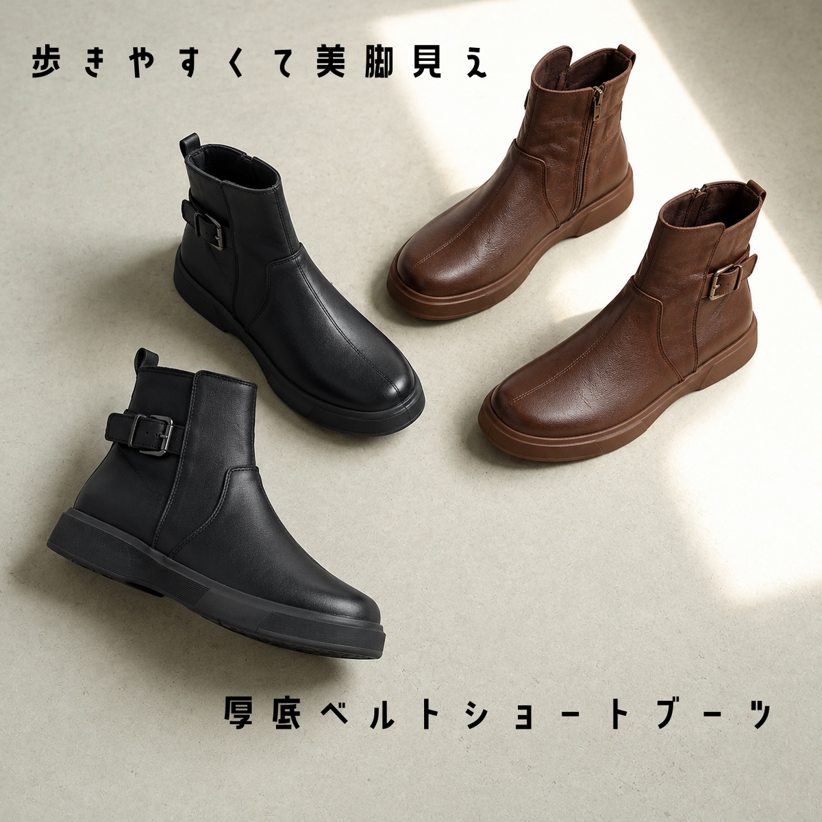 22.5-26  ジッパー ラウンドトゥ フラットヒール ショート丈ブーツ 22.5 ブラック