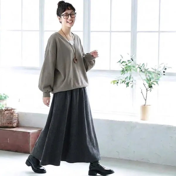 暮らしを彩る 異素材風   ナチュラル Vネック トップス +フレアスカートセットアップ S 写真色/【2件套】