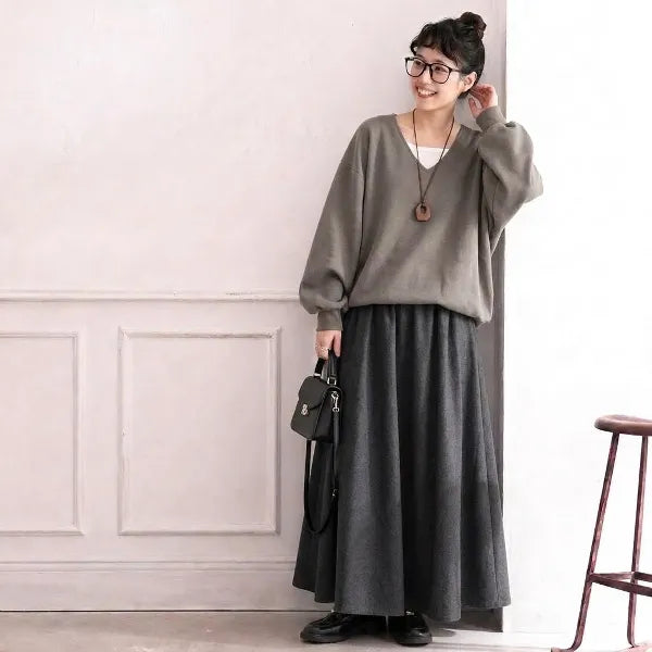暮らしを彩る 異素材風   ナチュラル Vネック トップス +フレアスカートセットアップ S 写真色/【2件套】