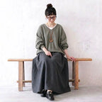暮らしを彩る 異素材風   ナチュラル Vネック トップス +フレアスカートセットアップ S 写真色/【2件套】