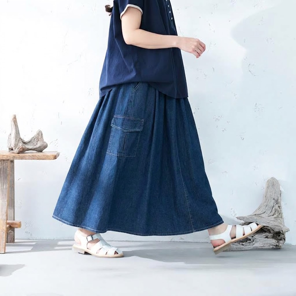 【コットン】M-5XL 心地よい Aライン ポケット付き 無地 シンプル スカート M ダークブルー