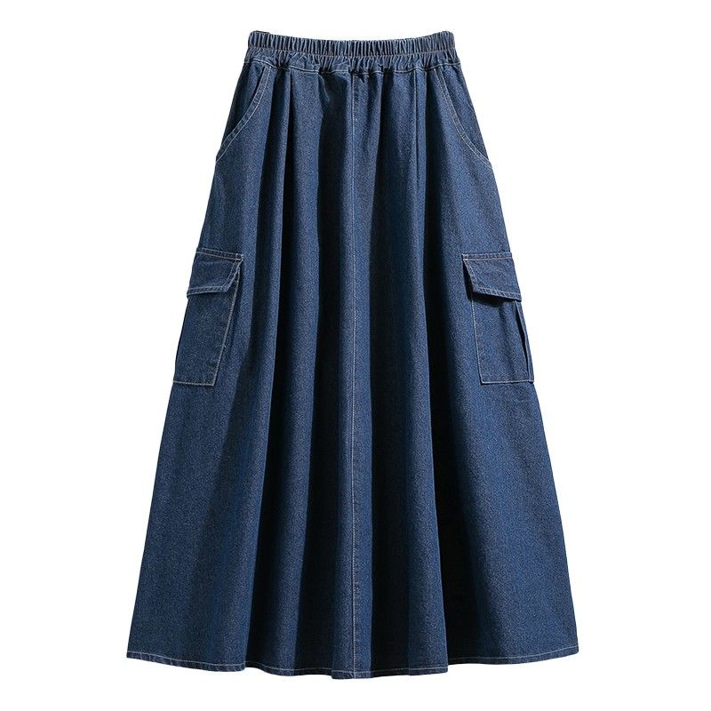【コットン】M-5XL 心地よい Aライン ポケット付き 無地 シンプル スカート M ダークブルー