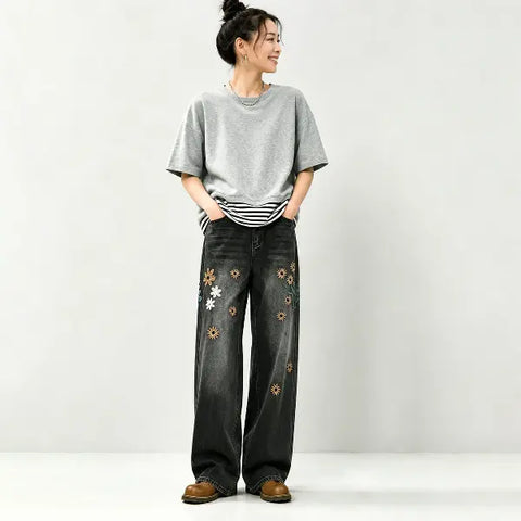 S~3XL 刺繍 パターン 森ガール カジュアル ロング丈 脚長効果 ジーンズ S ブラック