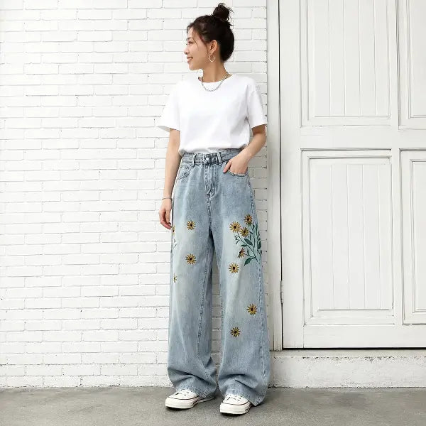 S~3XL 刺繍 パターン 森ガール カジュアル ロング丈 脚長効果 ジーンズ S ブルー