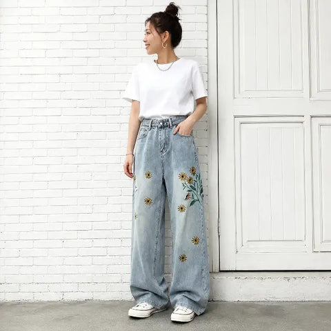 S~3XL 刺繍 パターン 森ガール カジュアル ロング丈 脚長効果 ジーンズ S ブルー