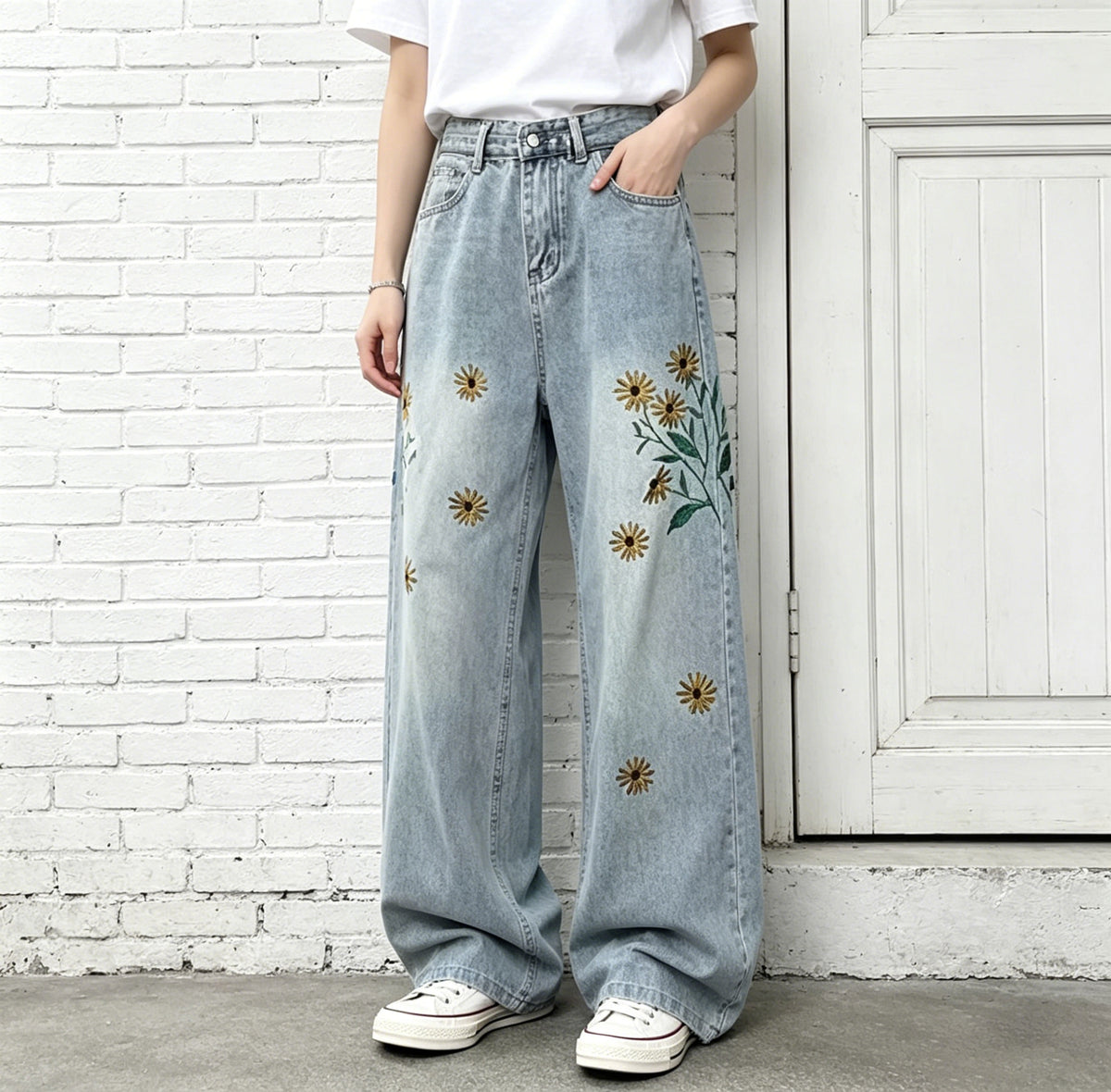 S~3XL 刺繍 パターン 森ガール カジュアル ロング丈 脚長効果 ジーンズ S ブラック