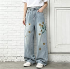 S~3XL 刺繍 パターン 森ガール カジュアル ロング丈 脚長効果 ジーンズ S ブラック