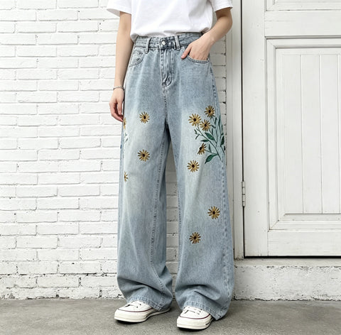 S~3XL 刺繍 パターン 森ガール カジュアル ロング丈 脚長効果 ジーンズ S ブラック