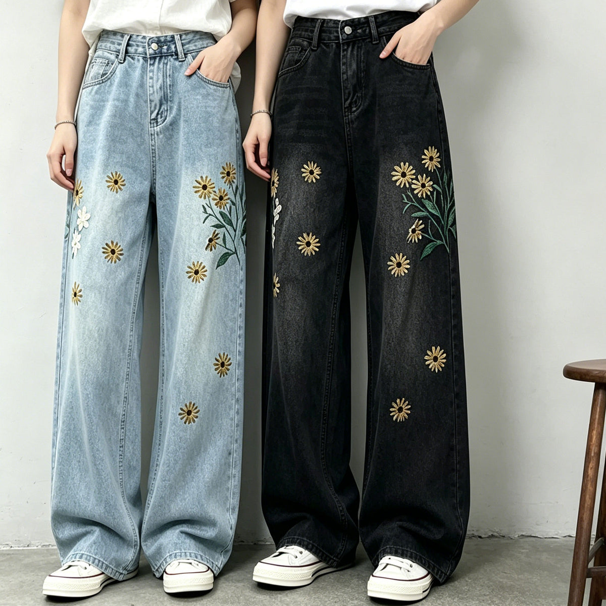 S~3XL 刺繍 パターン 森ガール カジュアル ロング丈 脚長効果 ジーンズ S ブラック