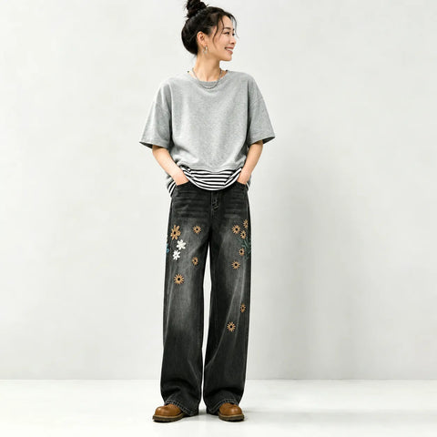 S~3XL 刺繍 パターン 森ガール カジュアル ロング丈 脚長効果 ジーンズ S ブラック