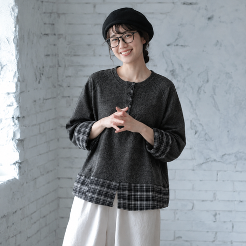 1番安い新作L-XL チェック柄 配色 長袖 ラグランスリーブ レトロ パーカー/ジャージ L ダークグレー