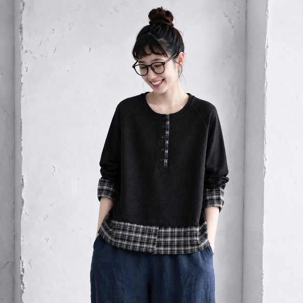 1番安い新作L-XL チェック柄 配色 長袖 ラグランスリーブ レトロ パーカー/ジャージ L ブラック