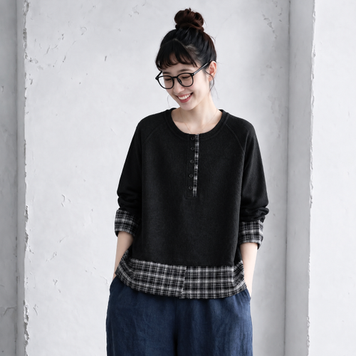 1番安い新作L-XL チェック柄 配色 長袖 ラグランスリーブ レトロ パーカー/ジャージ L ブラック