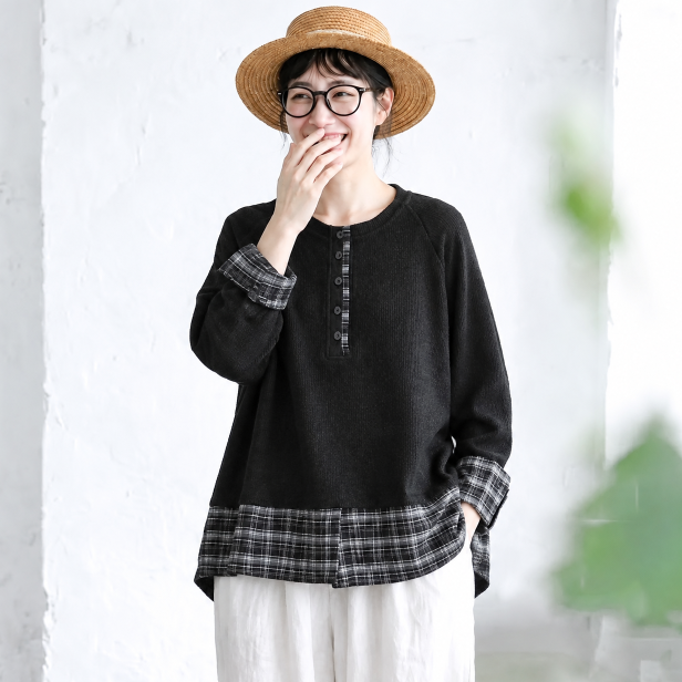 1番安い新作L-XL チェック柄 配色 長袖 ラグランスリーブ レトロ パーカー/ジャージ L ダークグレー