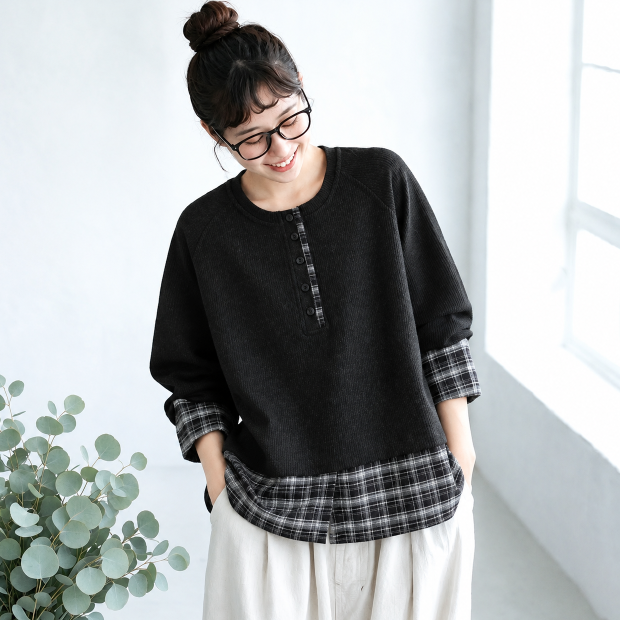 1番安い新作L-XL チェック柄 配色 長袖 ラグランスリーブ レトロ パーカー/ジャージ L ダークグレー