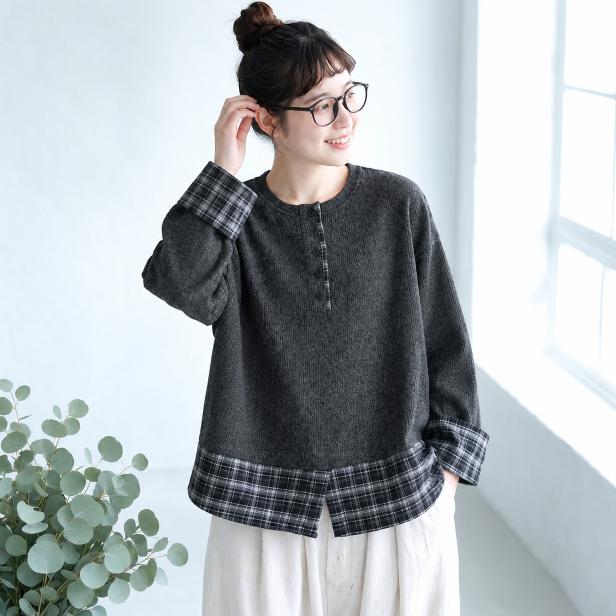 1番安い新作L-XL チェック柄 配色 長袖 ラグランスリーブ レトロ パーカー/ジャージ L ダークグレー