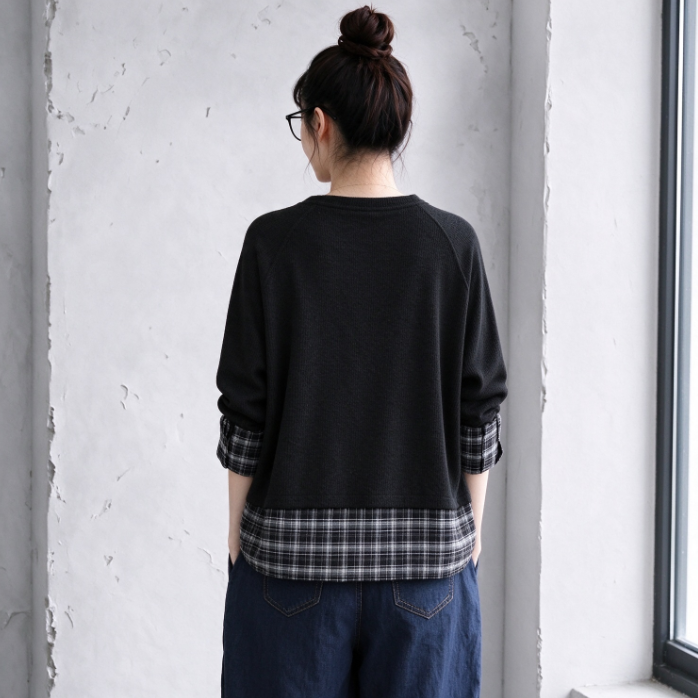 1番安い新作L-XL チェック柄 配色 長袖 ラグランスリーブ レトロ パーカー/ジャージ L ダークグレー