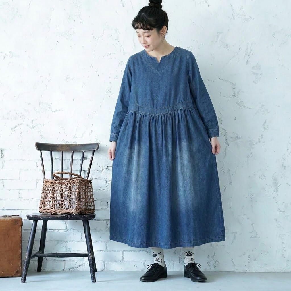 ラウンドネック Aライン デニム ワンピース M ブルー