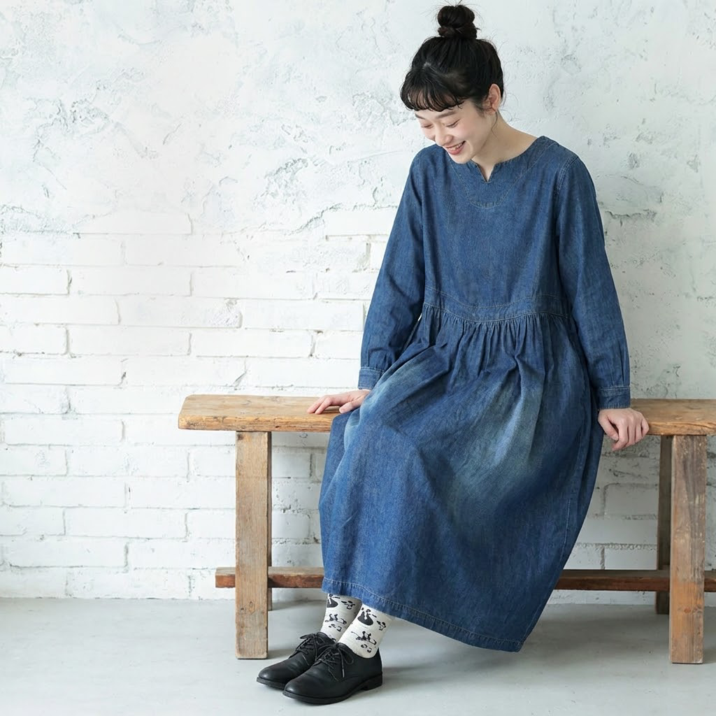 ラウンドネック Aライン デニム ワンピース M ブルー