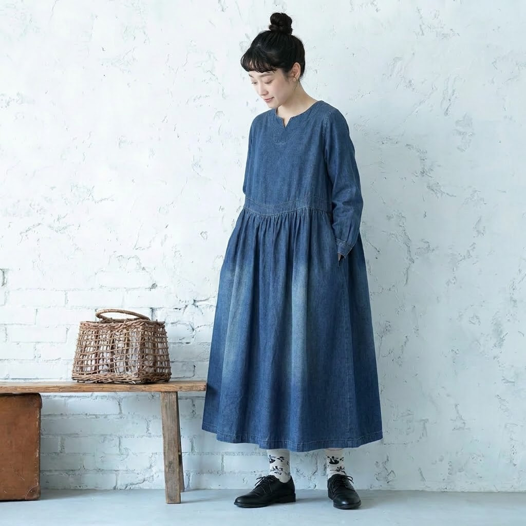ラウンドネック Aライン デニム ワンピース M ブルー