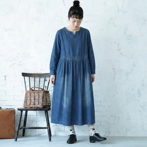 ラウンドネック Aライン デニム ワンピース M ブルー