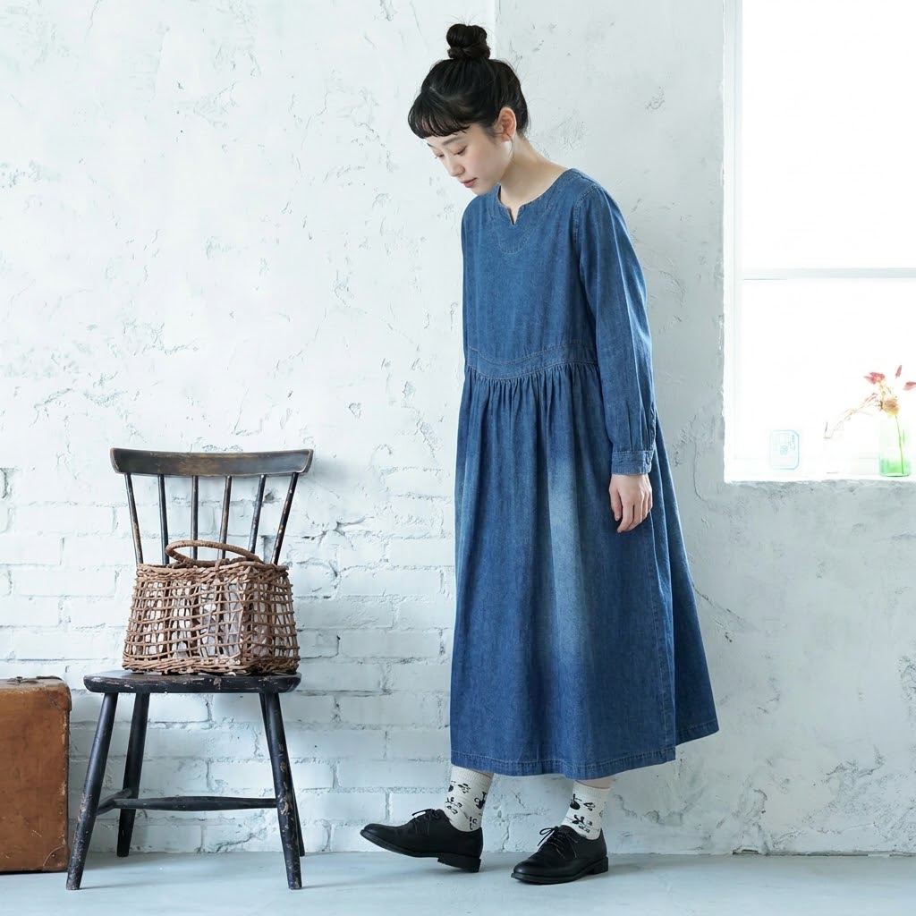 ラウンドネック Aライン デニム ワンピース M ブルー