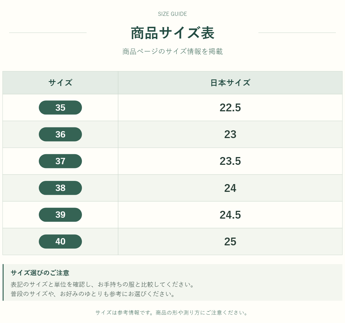 商品のサイズ情報