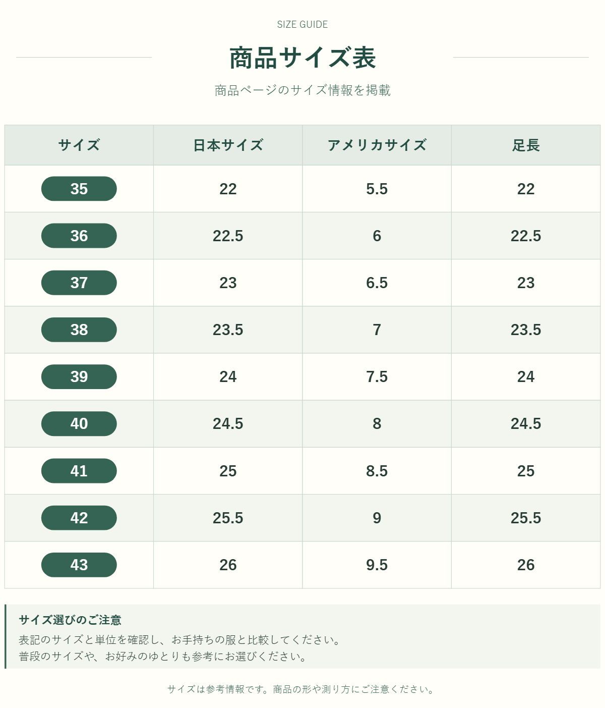 商品のサイズ情報