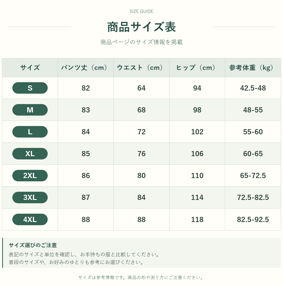 商品のサイズ情報