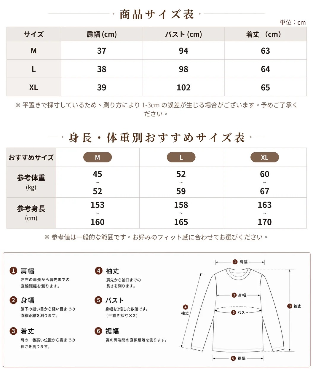 トップスのサイズ表