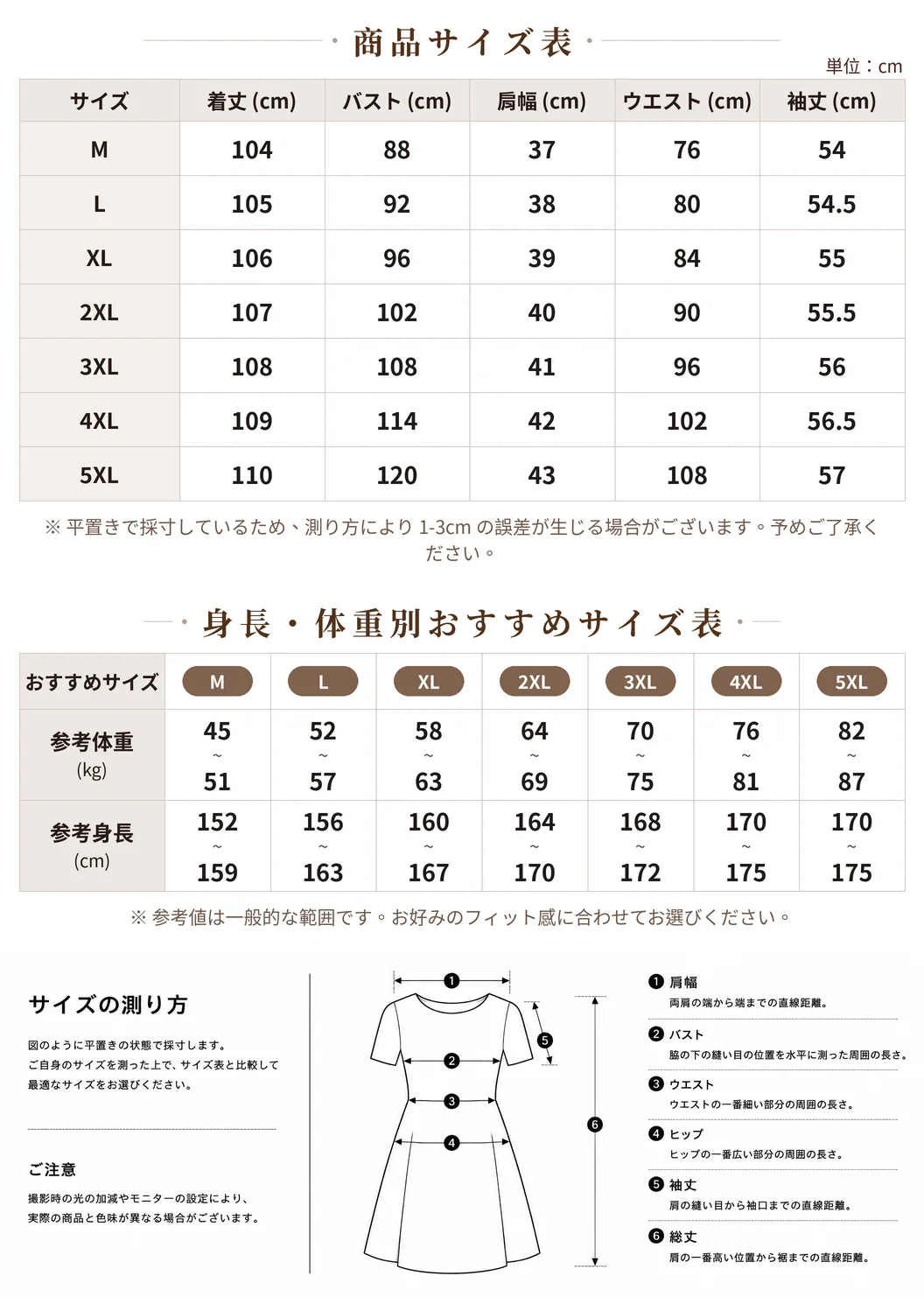 ワンピースのサイズ表