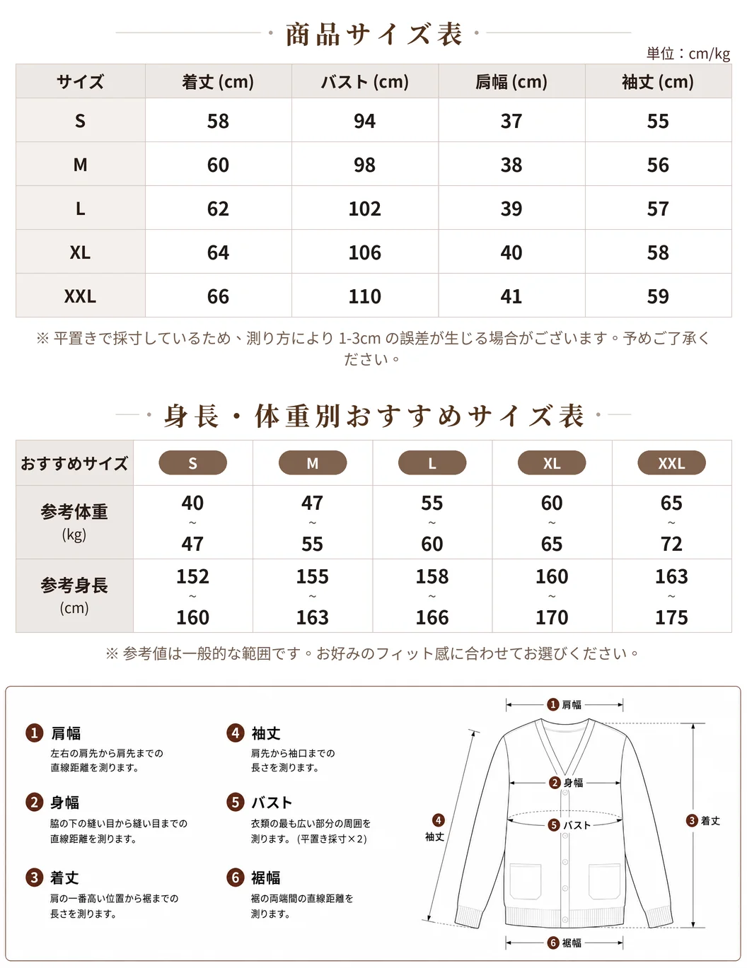 カーディガンのサイズ表
