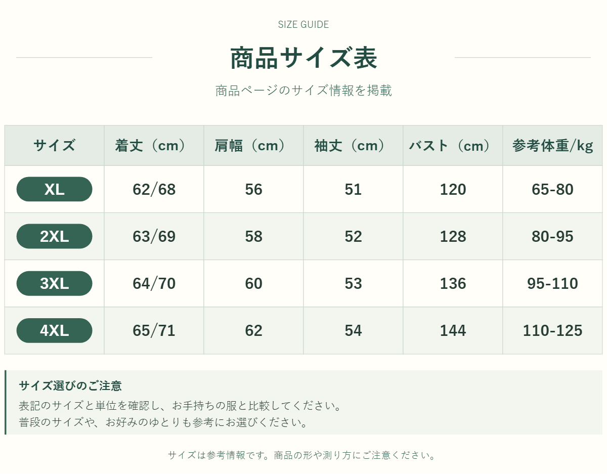 アウター・トップスのサイズ表