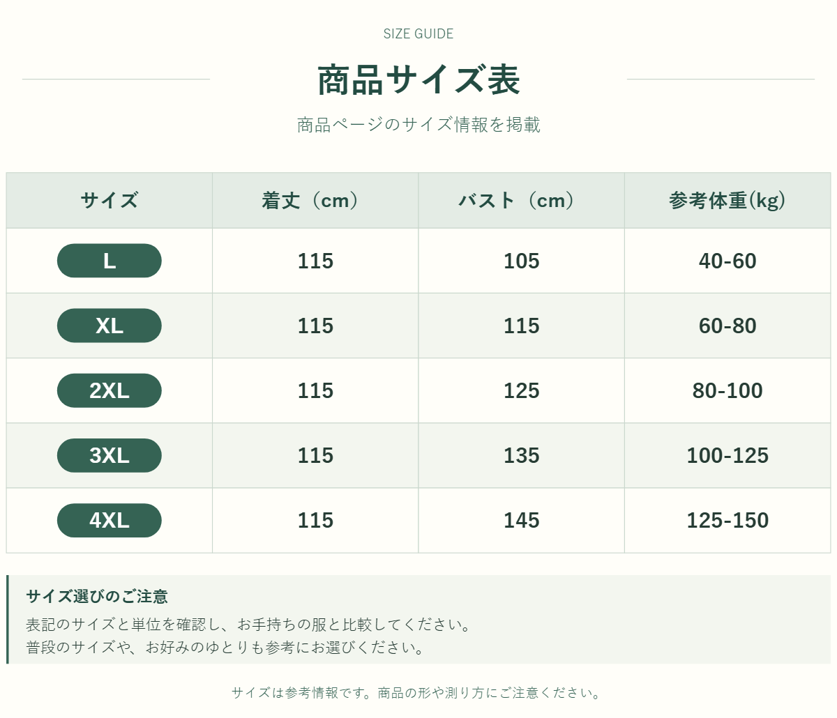 ワンピースのサイズ表
