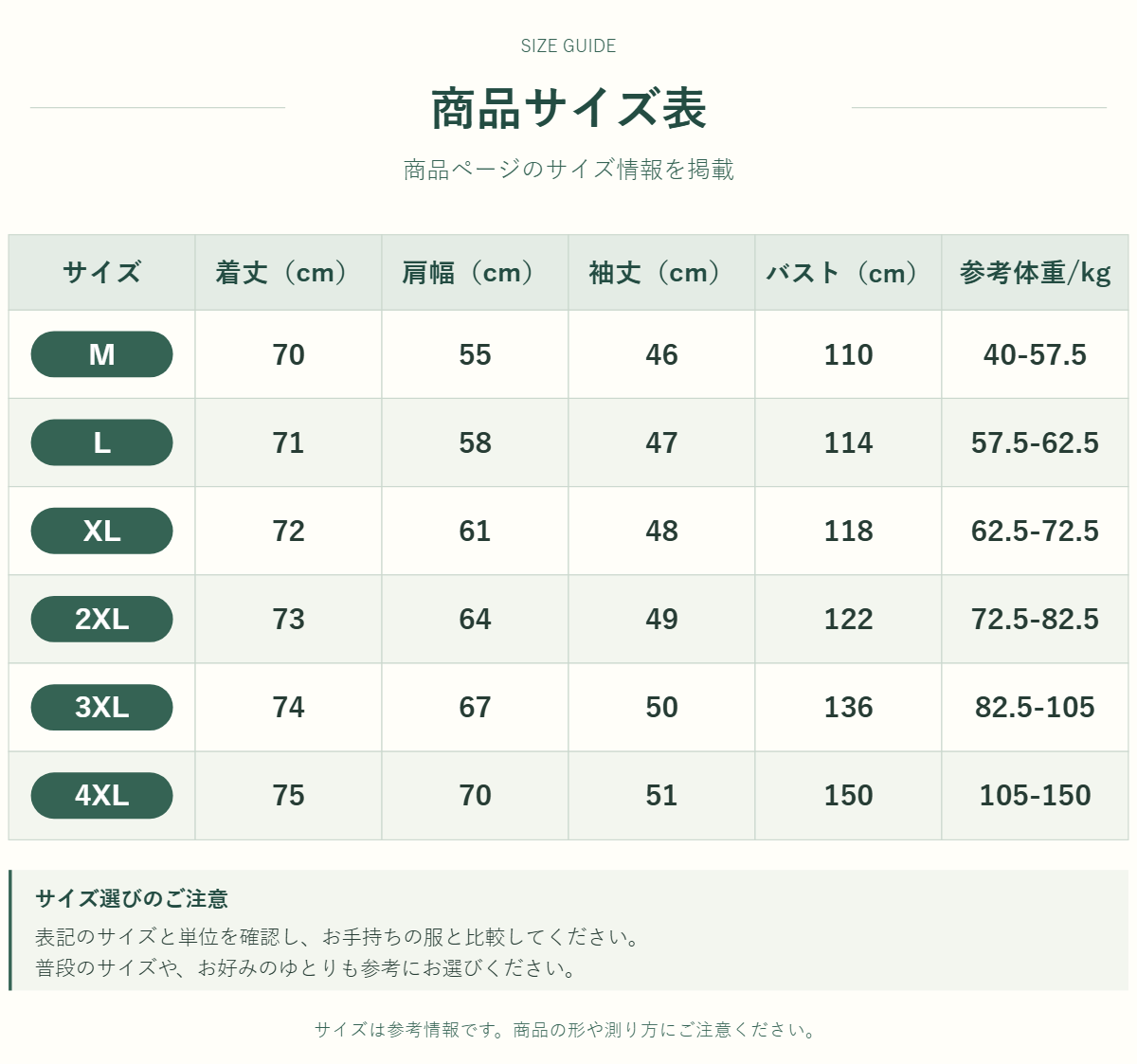 アウター・トップスのサイズ表