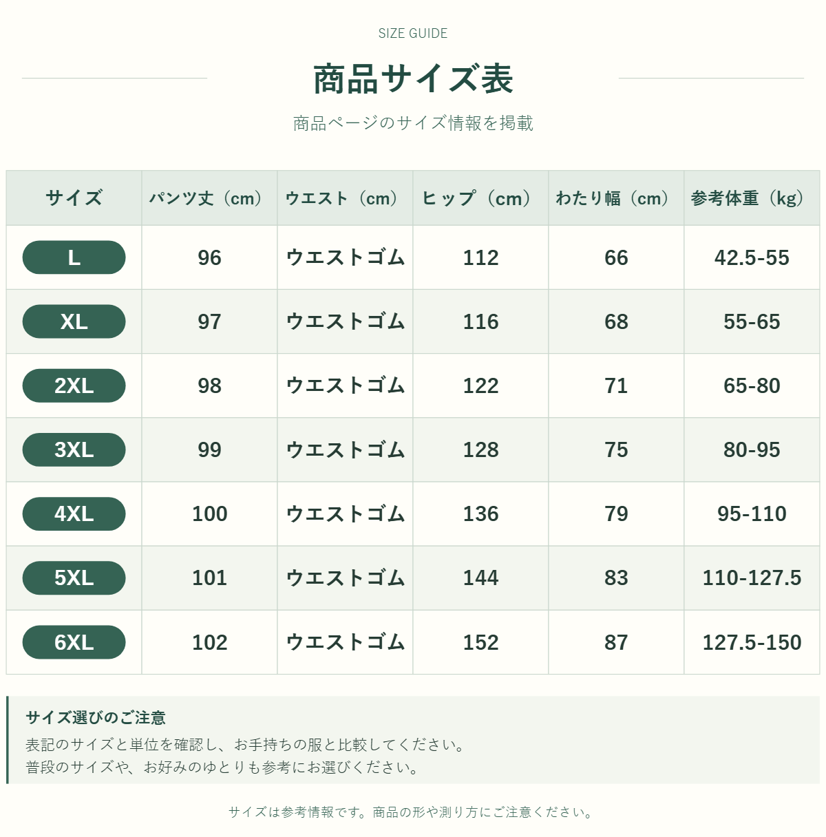 パンツのサイズ表