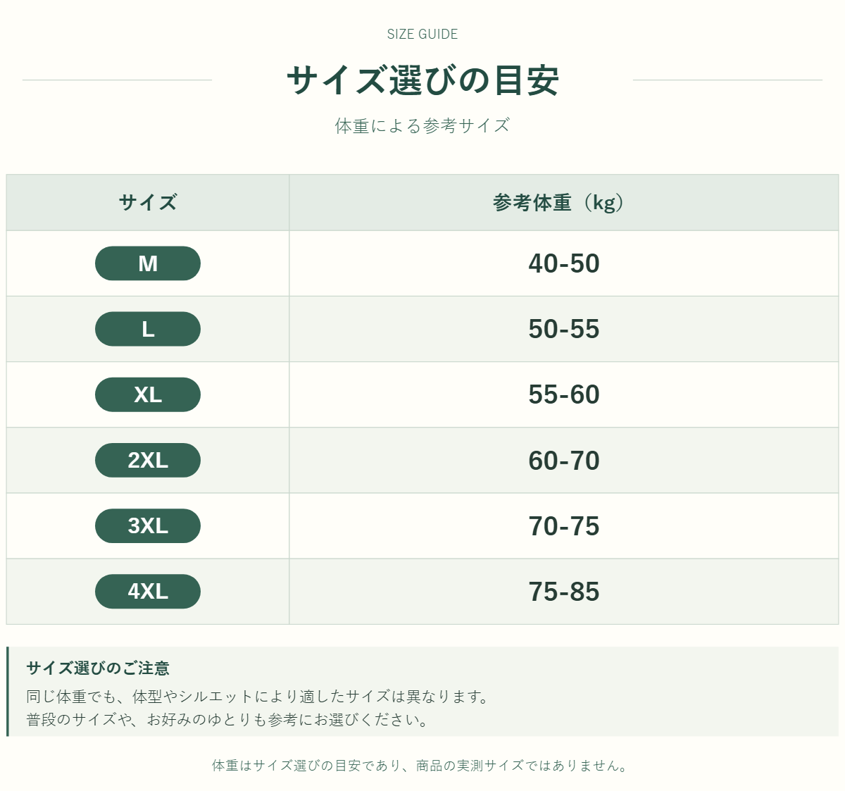 パンツのサイズ表