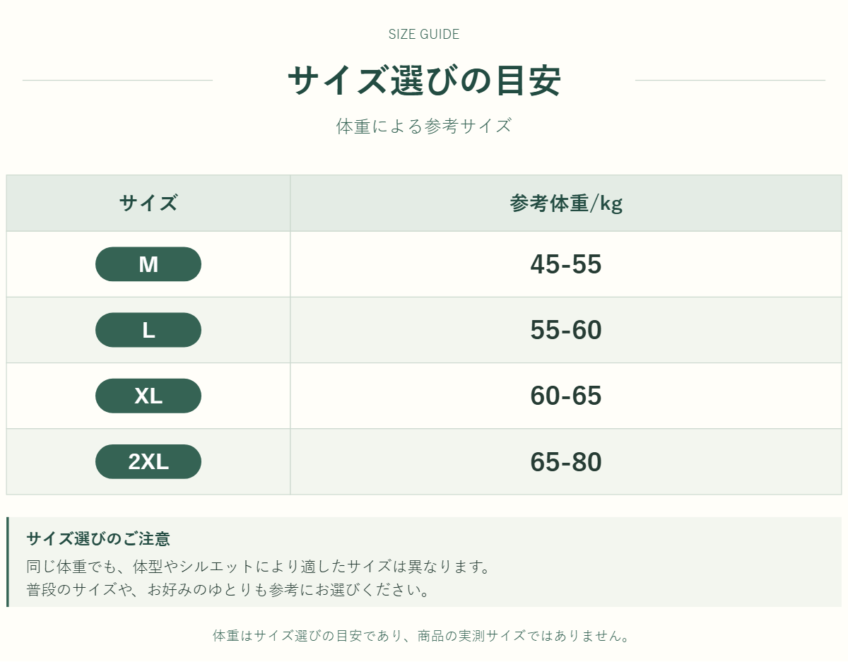 アウター・トップスのサイズ表
