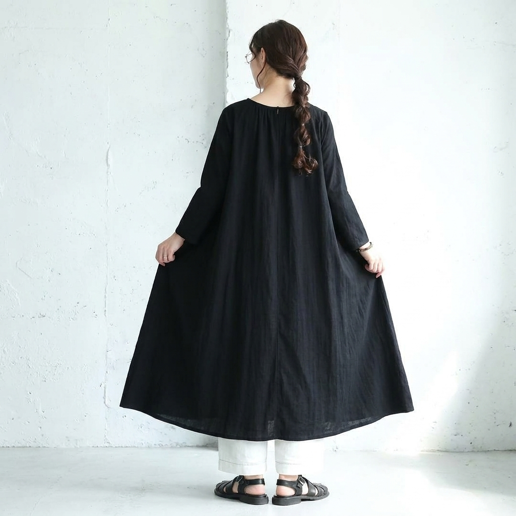 L-2XL プルオーバー 長袖 ラウンドネック 無地 Aライン カジュアル ワンピース L ブラック