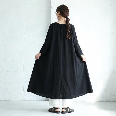 L-2XL プルオーバー 長袖 ラウンドネック 無地 Aライン カジュアル ワンピース L ブラック