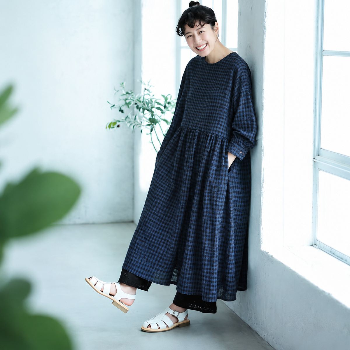 M-2XL 綿麻 チェック柄 ラウンドネック Aライン ボタン 長袖 シンプル カジュアルワンピース M 写真通り