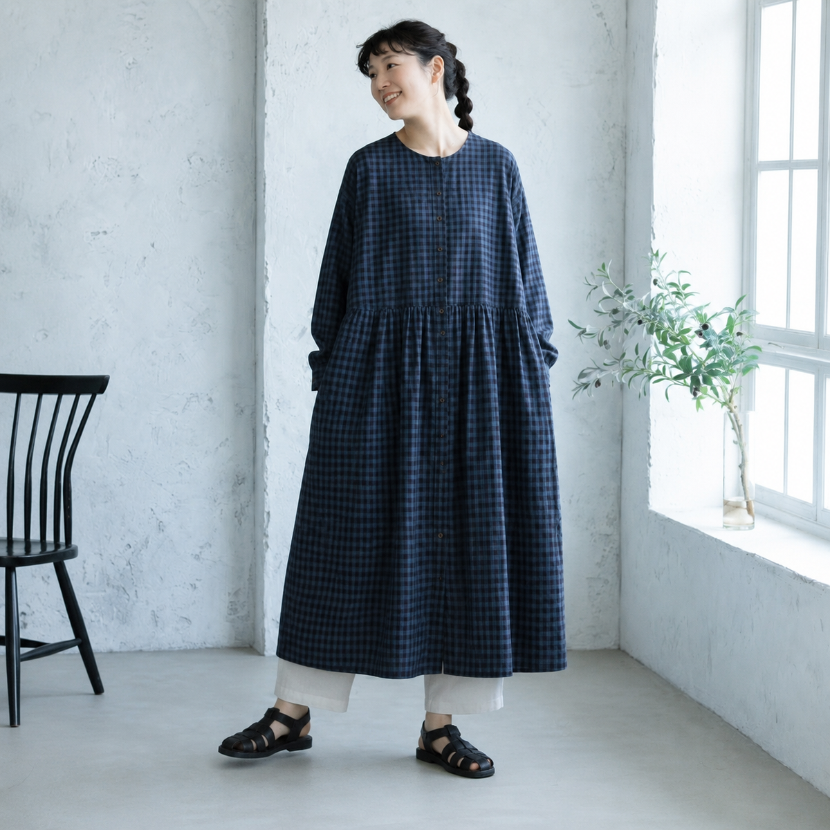 M-2XL 綿麻 チェック柄 ラウンドネック Aライン ボタン 長袖 シンプル カジュアルワンピース M 写真通り