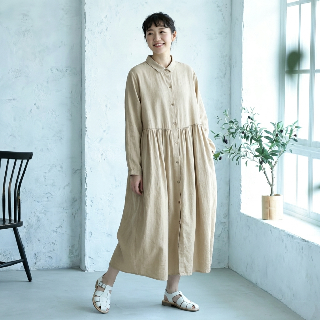 M-2XL 無地 ボタン 長袖 POLOネック ストレート シンプル ワンピース M キャラメル